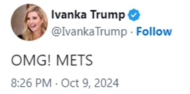 On Wednesday, Ivanka celebrated with the Mets by posting the team's adopted slogan.