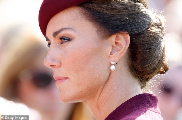 For the first anniversary of the late Queen's death, Kate attended a private memorial service wearing pearl and diamond earrings from the Queen's Silver Jubilee.