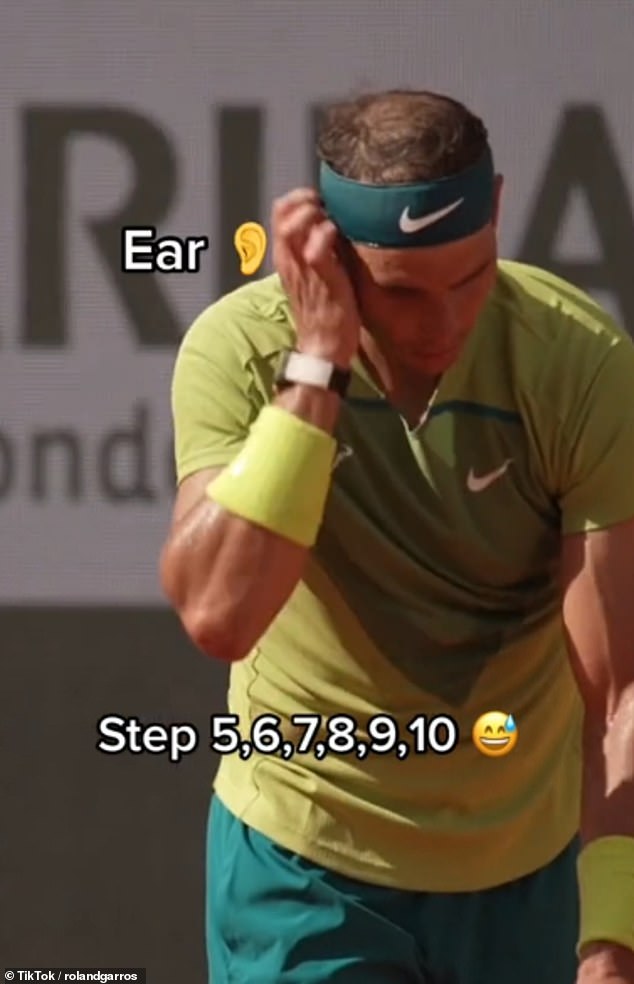 During his routine, Nadal will tuck his hair behind his ears, pinch his nose and touch his cheeks.