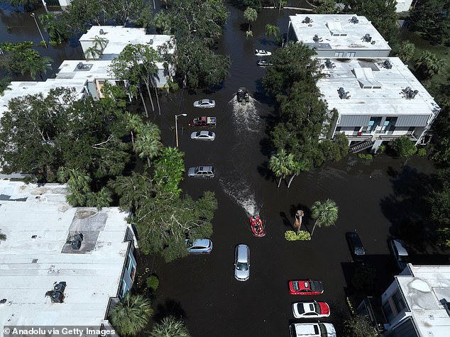 A preliminary estimate suggests there are at least 10 deaths from Hurricane Milton after approximately 200 died in Hurricane Helene last week. Pictured: Search and rescue continues after Clearwater, Florida, was flooded after Hurricane Milton made landfall on Wednesday.