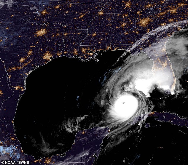 Above, a NOAA satellite image of Hurricane Milton taken at 3:51 a.m. ET on Wednesday, just hours after Dodge's ashes were scattered in the storm at 11 p.m. ET