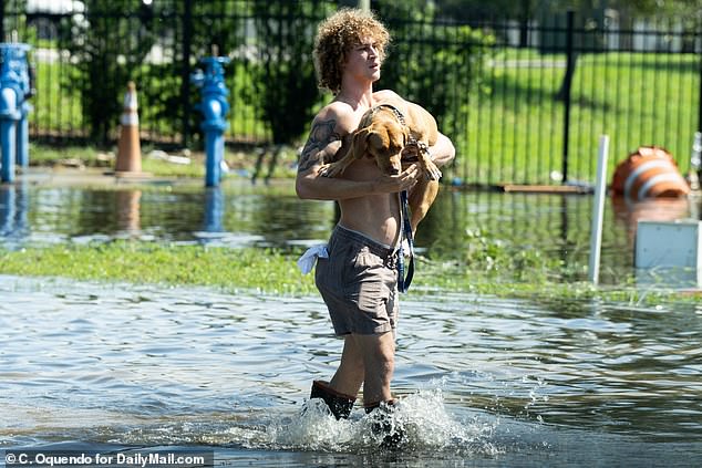 Splashing through floodwaters, this man intended to save his dog