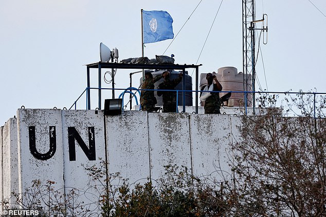 Members of the United Nations peacekeepers (UNIFIL) observe the border between Lebanon and Israel in a file image from last year.