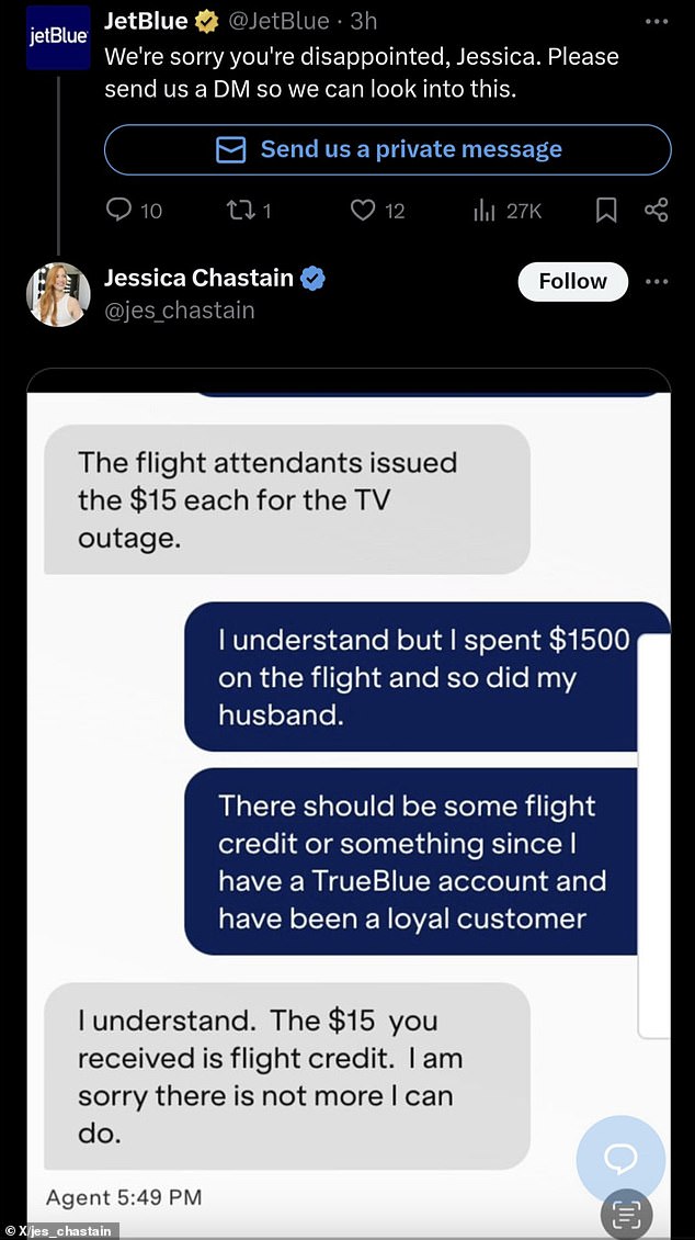 A screenshot of a customer service chat showed her apparently asking for more money because she was a rewards member of the airline.