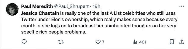 Several of the comments mocking the Zero Dark Thirty actress noted that she was one of the few celebrities still using the site formerly known as Twitter to complain about brands after Elon Musk acquired it and made verification essentially meaningless. sense.