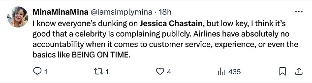 But some users defended Chastain and supported her for trying to hold airlines accountable, since they are more likely to listen to her than the average traveler.