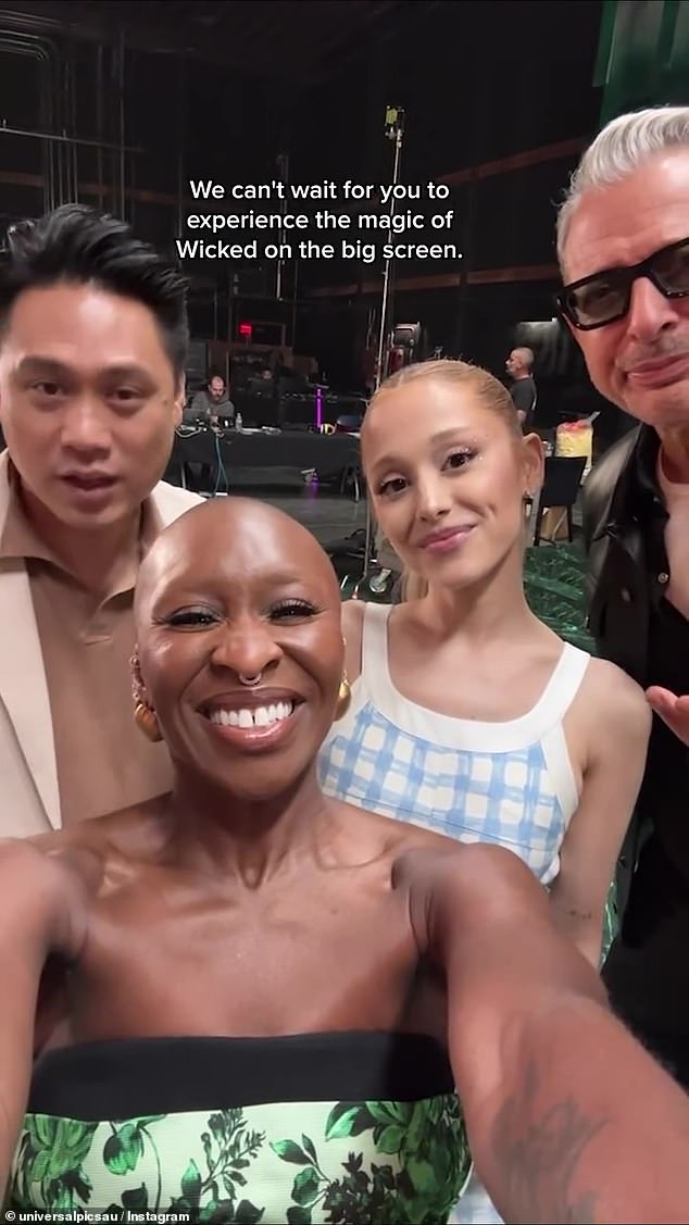 The trip to Australia will be the first stop on their world tour for the upcoming release, which will open at Sydney's State Theater on November 3 before hitting cinemas on November 22. Pictured: Wicked director Jon M. Chu, Cynthia Erivo, Ariana Grande and Jeff Goldblum.