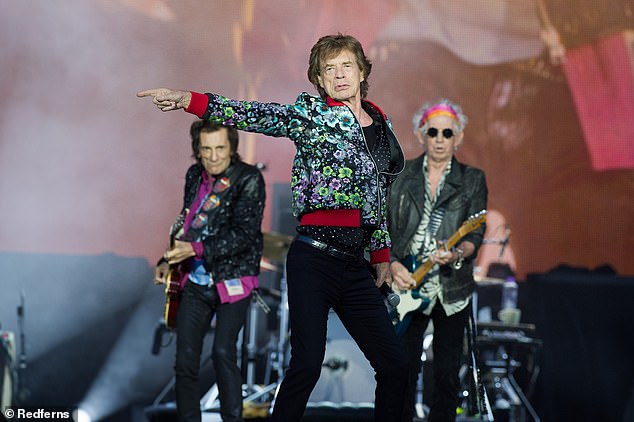 Mick Jagger, Keith Richards and Ronnie Wood of The Rolling Stones perform at the Hippodrome de Longchamp on July 23, 2022 in Paris, France