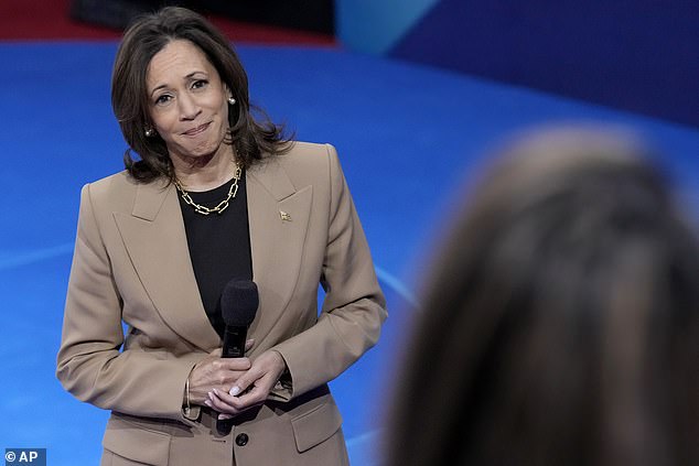 Harris listening to a question from Ivett Castillo of Las Vegas during her town hall hosted by Univision. Castillo revealed that his mother passed away just six weeks ago after not being able to receive the services she needed due to her legal status in the US.