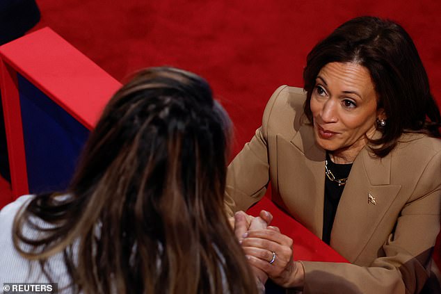 Harris speaking with Ivett Castillo after the taping of her town hall in Las Vegas