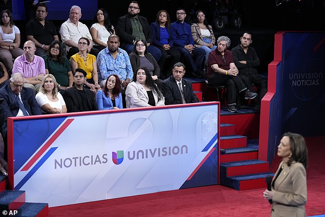 Kamala Harris listening to a question during the town hall with undecided Hispanic voters in Las Vegas. One man expressed concern about how she became the nominee, describing how Biden was 