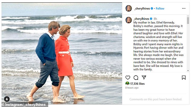 She didn't mention her acrimony with her husband, but she did mention RFK Jr. while posting a tribute to her mother-in-law Ethel on Thursday.