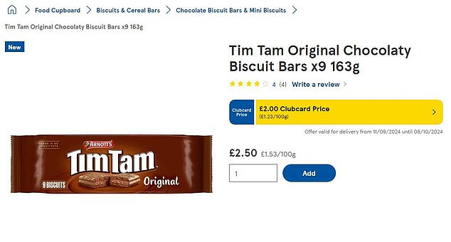 However, overseas at leading supermarket chain Tesco, shoppers can buy the same product for £2.50 ($4.83 AUD) (pictured from Tesco's online store)