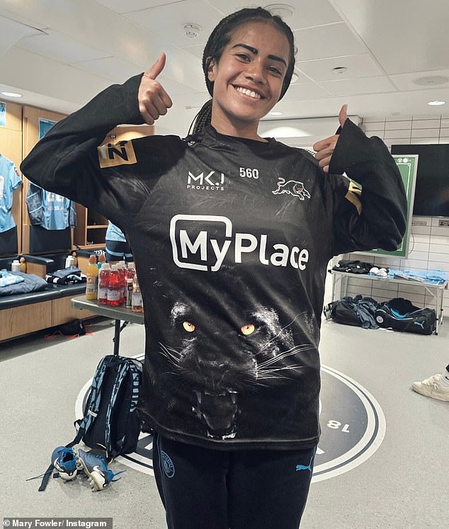 Fowler posted this photo of her wearing her boyfriend's shirt in the Manchester City dressing room shortly after Penrith's impressive premiership win.