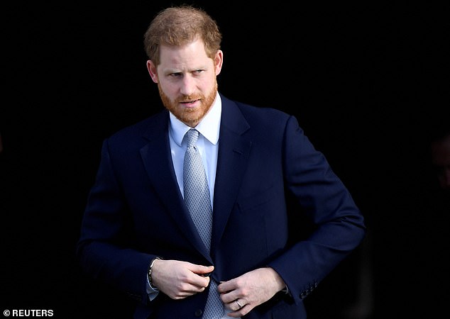 Harry at a rugby event at Buckingham Palace in 2020 before leaving Britain with his family