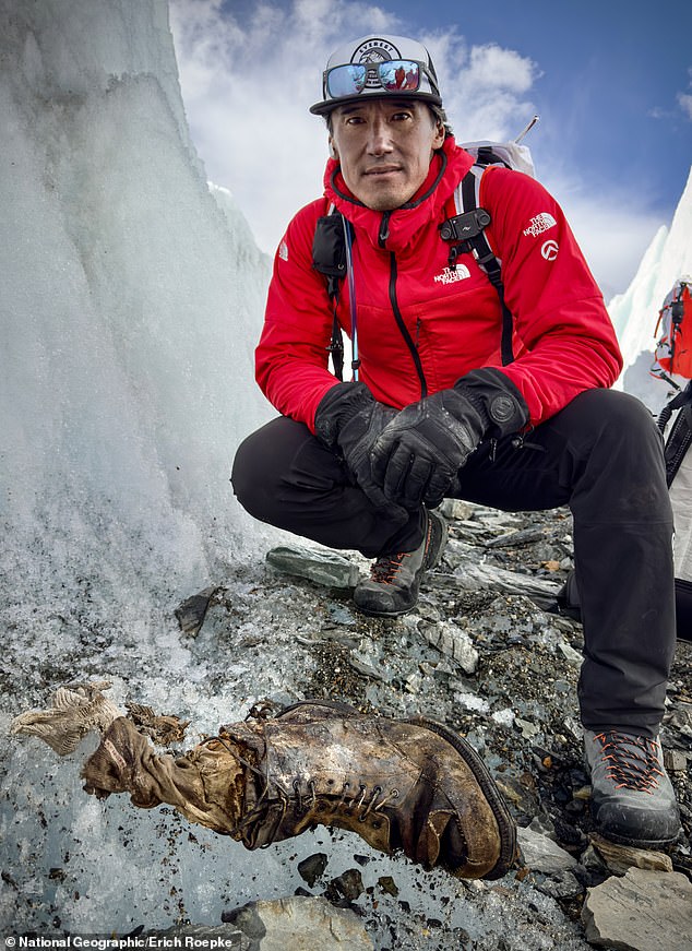 A small team consisting of Oscar-winning director and climber Jimmy Chin and fellow climbers and filmmakers Erich Roepke and Mark Fisher recently made the discovery, National Geographic revealed today. Above: Mr Chin with what is believed to be Irvine's remains