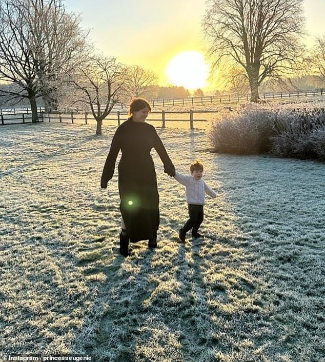 The royal sisters have children of similar ages: Eugenie has three-year-old August and one-year-old Ernest with her husband Jack Brooksbank, while Beatrice is mother to three-year-old Sienna Elizabeth and her stepson Wolfie, eight. Eugenia and August in the photo.