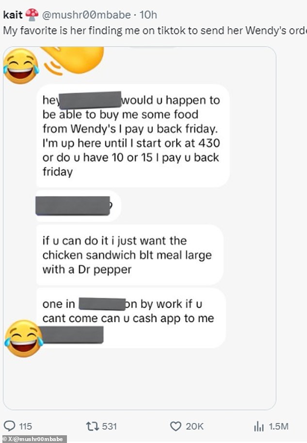 He was referring to a series of messages from his colleague, asking for money for taxi rides, takeout orders and groceries after Kait first sent him $7.