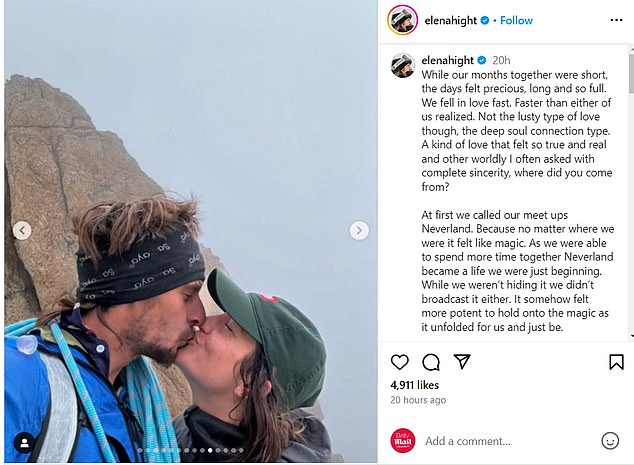 Olympic snowboarder Elena Hight shared a tribute on Instagram with photos of the couple kissing.