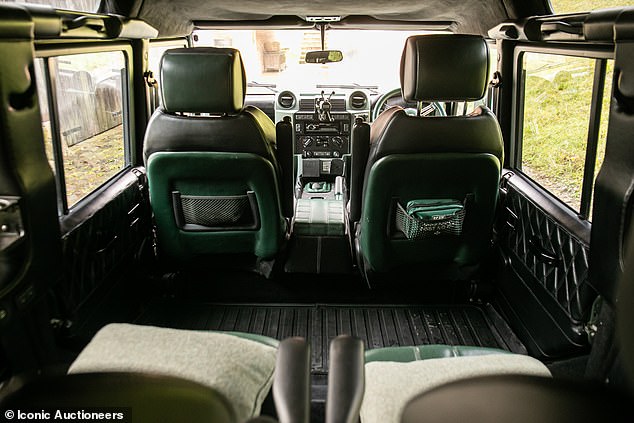 The rear seats are retracted to provide a limousine-like experience. The seats and doors are upholstered in Lincoln Green and black quilted leather, while the entire interior is fully soundproofed, carpeted and upholstered in Alcantara.