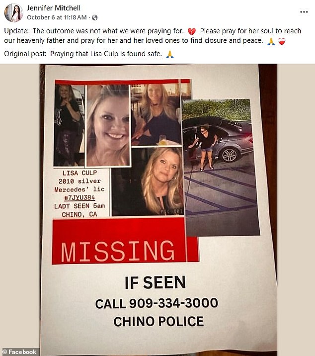 A missing person flier for Culp was shared on Facebook before his death.