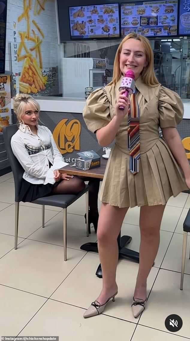 A date with fame: Brit Amelia Dimoldenberg has been taking increasingly famous celebrities on dates in chicken shops across London for the last ten years...and has drawn the likes of Cher, Billie Eilish and Paul Mescal to his YouTube show (pictured with Sabrina Carpenter). )