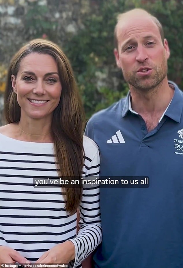 Pictured: The Princess of Wales wore minimal jewelery and an £85 Ralph Lauren striped t-shirt for a congratulatory message to Team GB in August.