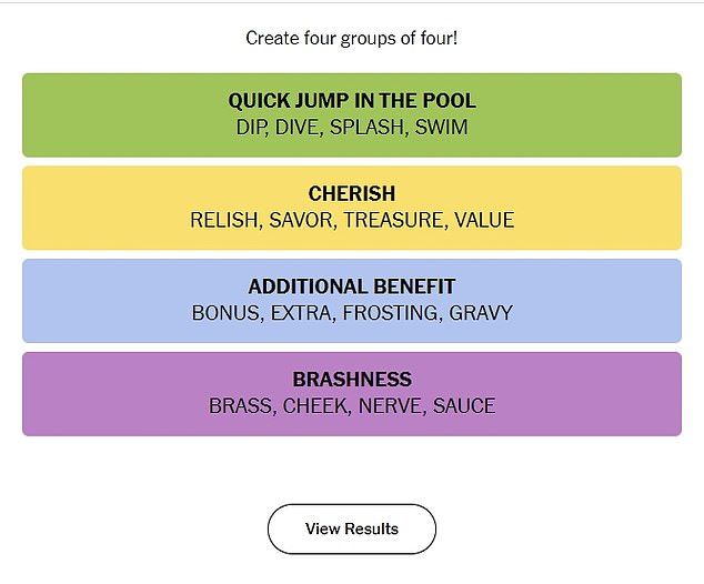 Friday's four word categories were: quick jump into the pool, sweetheart, added benefit, and sass.