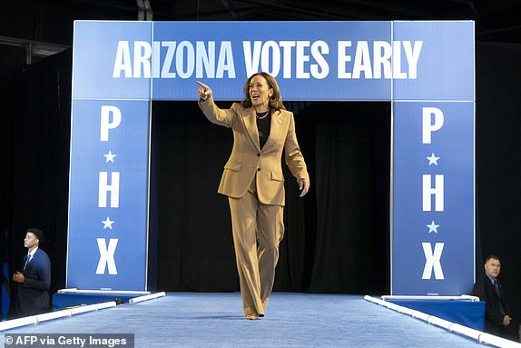 TOPSHOT - US Vice President and Democratic presidential candidate Kamala Harris arrives to speak during a campaign rally at Rawhide Western Town and Event Center in Chandler, Arizona, on October 10, 2024. (Photo by Rebecca NOBLE / AFP) (Photo by REBECCA NOBLE /AFP via Getty Images)