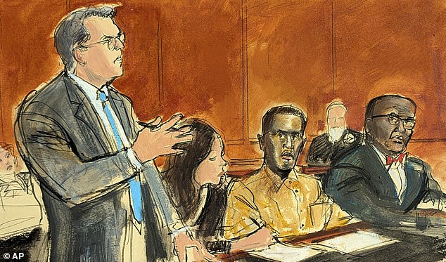 In this courtroom sketch, Sean "diddy" Combs' defense attorney Marc Agnifilo, left, addresses the judge as Combs, seated second from the right, wearing a prison uniform, looks on during Thursday's hearing.