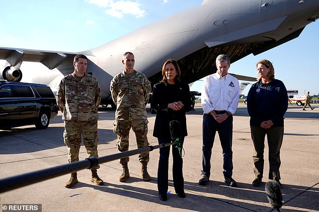 The Democratic presidential candidate traveled to North Carolina after Helene, where she stood in front of a C-17 aircraft, flanked by military personnel, to pledge continued federal support for victims.