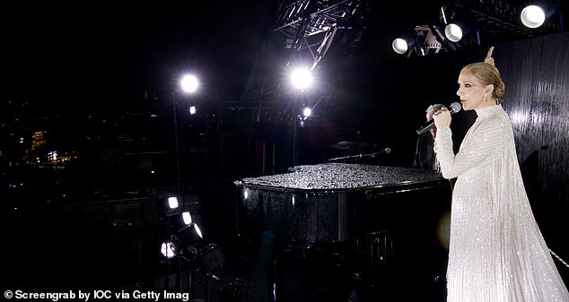 Celine Dion performing at the Eiffel Tower during the opening ceremony of the Paris 2024 Olympic Games