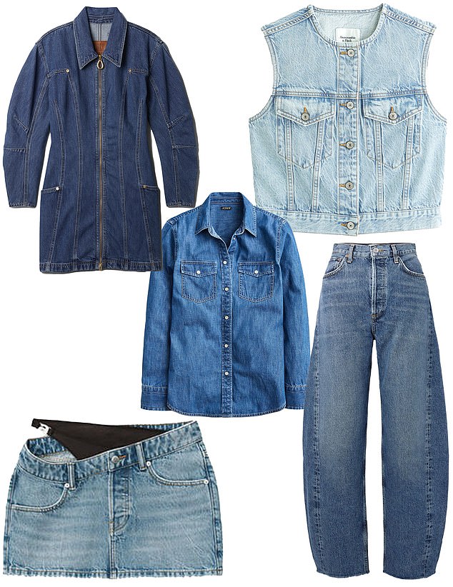 Buy it: Abercrombie & Fitch Collarless Denim Vest, now $58; abercrombie.com. Wren Slim Western Chambray Shirt in Villere Wash by J.Crew, now $56.50; jcrew.com. + NET SUSTAIN AGOLDE Luna High-Rise Cropped Tapered Organic Jeans, $260; net-a-porter.com. alexanderwang denim bikini cape asymmetrical miniskirt, $350; alexanderwang.com