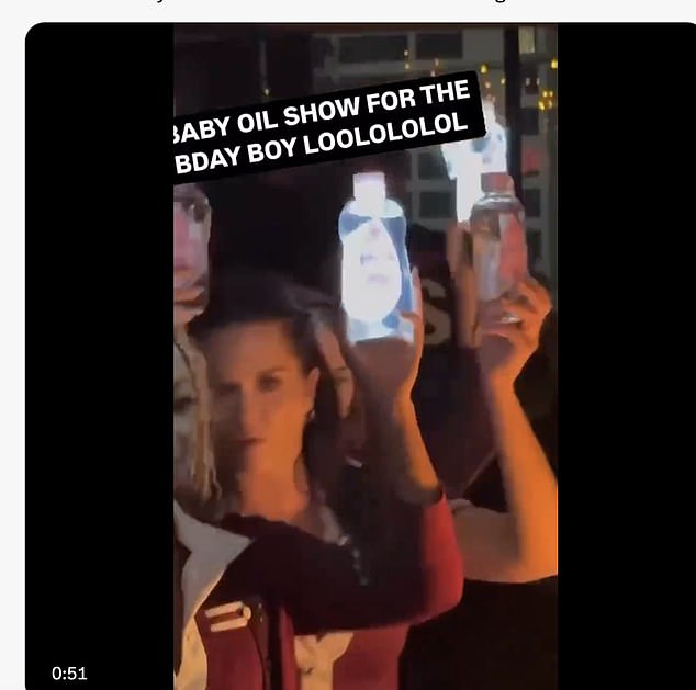 At the party, waiters carried bottles of baby oil with flashing lights inside.