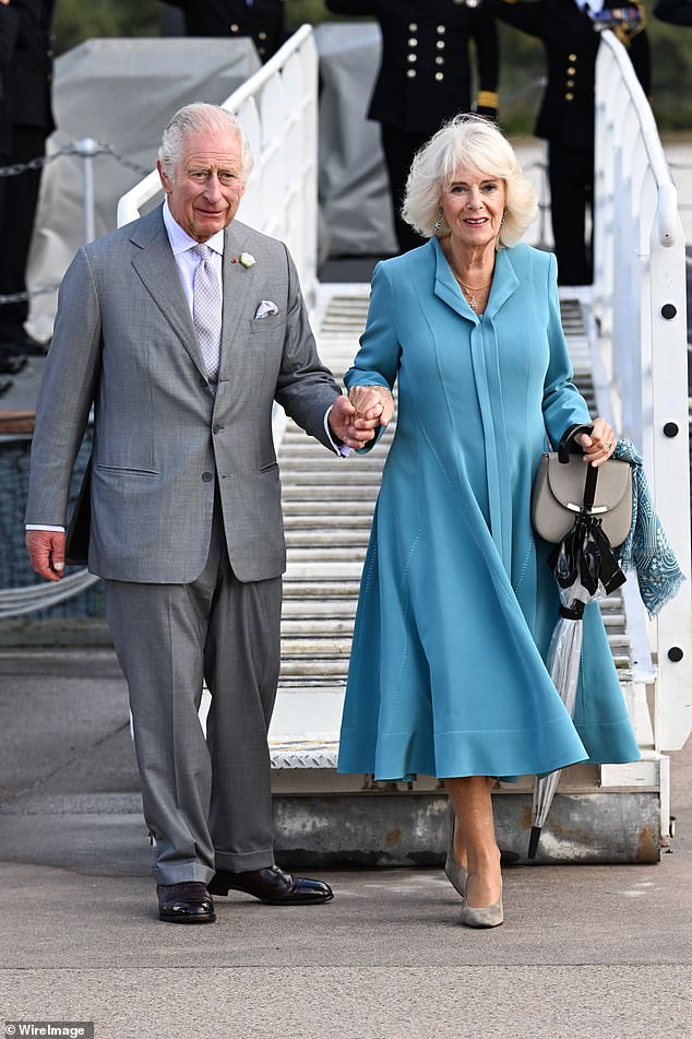 King Charles III and Queen Camilla disembark from the Royal Navy frigate HMS Iron Duke on September 22 last year in Bordeaux.