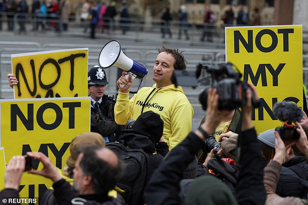 Graham Smith speaks during an anti-monarchy protest before the Commonwealth Service on March 13 last year.