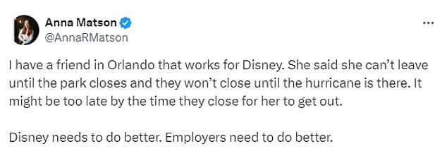 Several X users insisted that Disney World think more about the safety of its employees than money