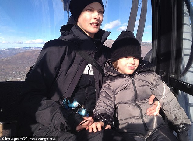 The mother-son duo could also be seen on a ski trip as they bundled up in warm clothes and jackets for a fun outing in the mountains.