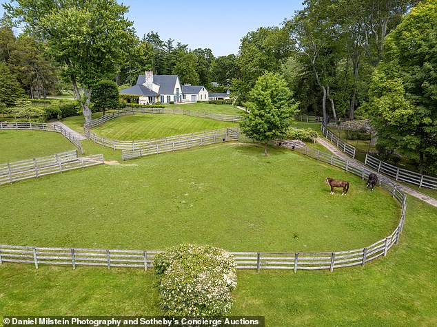 A laser-level dressage arena with a viewing area occupies part of the 16-acre grounds