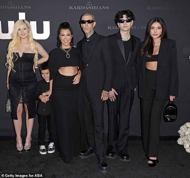 Alabama Barker, Reign Disick, Kourtney Kardashian, Travis Barker, Landon Barker and Atiana De La Hoya attend the Los Angeles premiere of Hulu's new show The Kardashians at Goya Studios on April 7, 2022