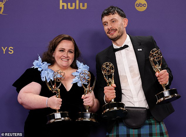 Actress Jessica Gunning, who plays 'Martha' in the series, and Richard Gadd, who plays himself, pose with their Emmy awards in California earlier this year.