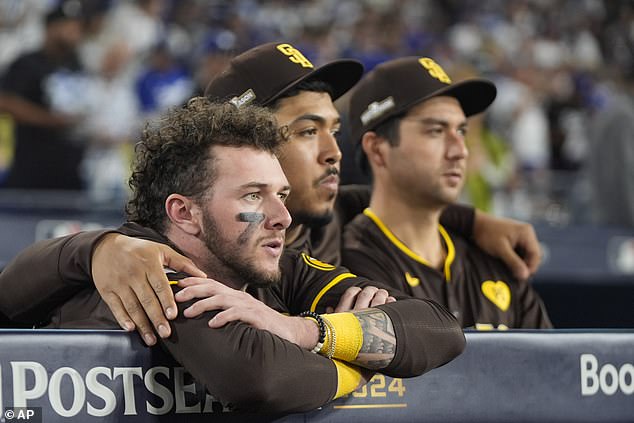 San Diego Padres center fielder Jackson Merrill, left, watches with relief pitcher Jeremiah Estrada, center, and catcher Kyle Higashioka after the loss to the Dodgers in Los Angeles.