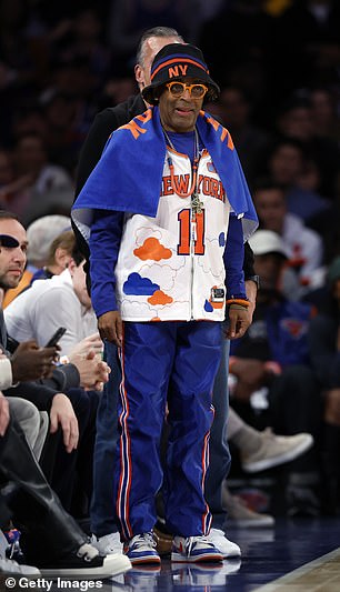 Film director Spike Lee watches during the game between the New York Knicks and the Philadelphia 76ers in Game 2 of the Eastern Conference first round playoffs at Madison Square Garden on April 22, 2024.