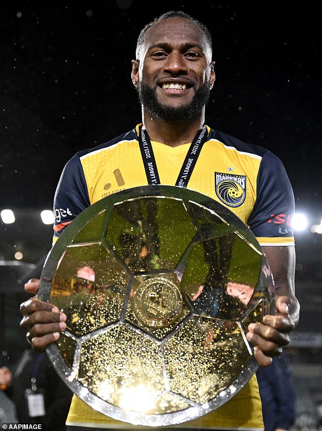 Peil announced his decision on Saturday, less than a week before the start of the 2024/25 A-League season (pictured, Mariners defender Brian Kaltak with the Premiers Plate earlier this year)