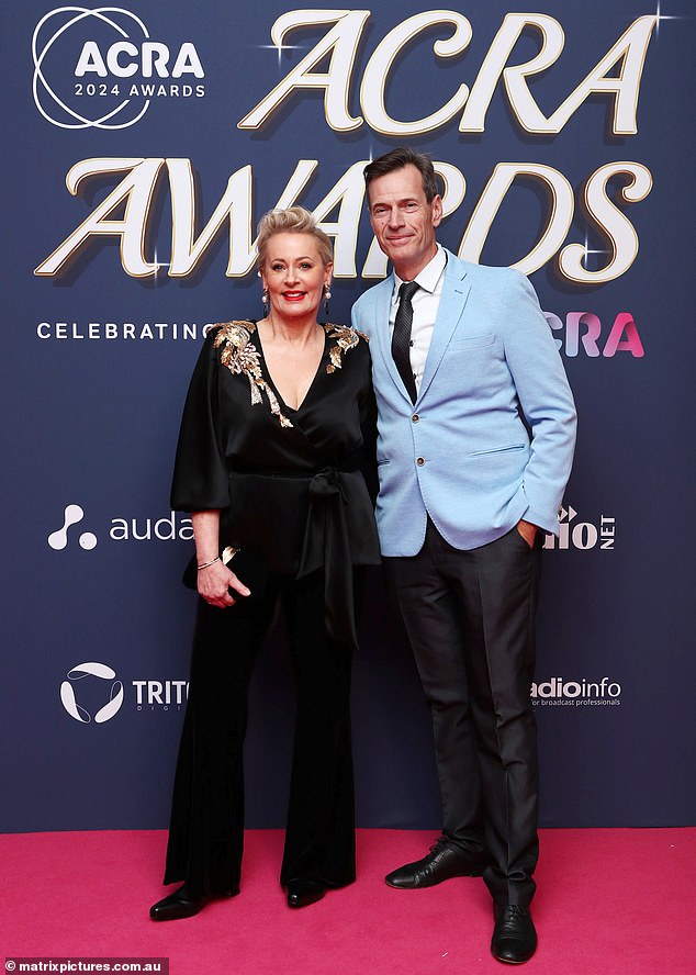 WSFM star Amanda Keller accompanied her co-star Brendan Jones and opted for an elegant velvet suit with bold embroidery on the shoulders.