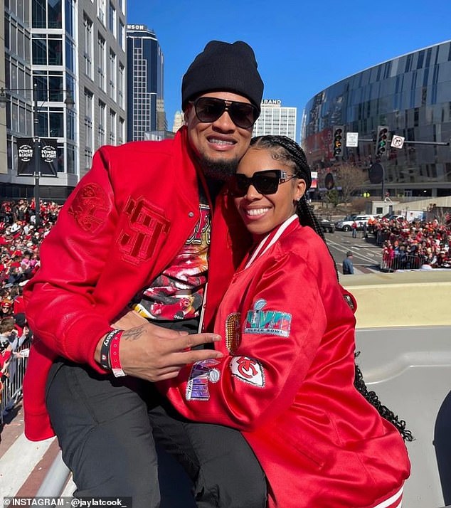 Thornton-Cook is seen at the Kansas City Super Bowl parade with her husband Bryan Cook