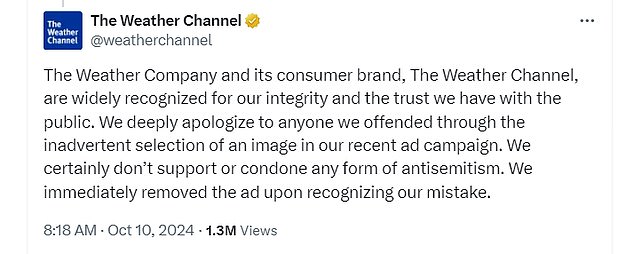 The Weather Channel apologized for the ad and said it did not 