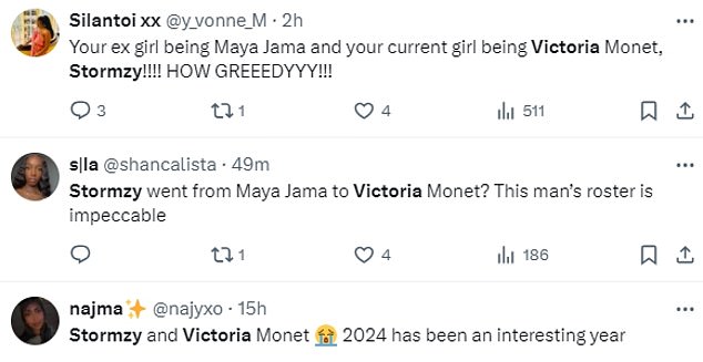 Fans went wild over the snaps, with one writing about X: 'Stormzy went from Maya Jama to Victoria Monet? This man's squad is impeccable'