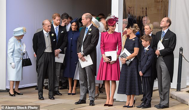 The Queen, Prince Philip, Harry, Meghan, Prince William, Princess Kate, Sophie, the Countess of Wessex, James Viscount Severn and Prince Edward at the wedding