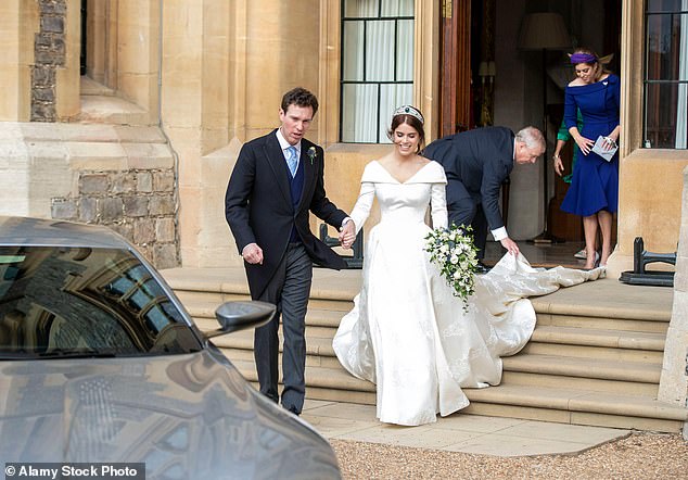 The bride and groom leave Windsor Castle and head to the Royal Lodge for their evening reception.